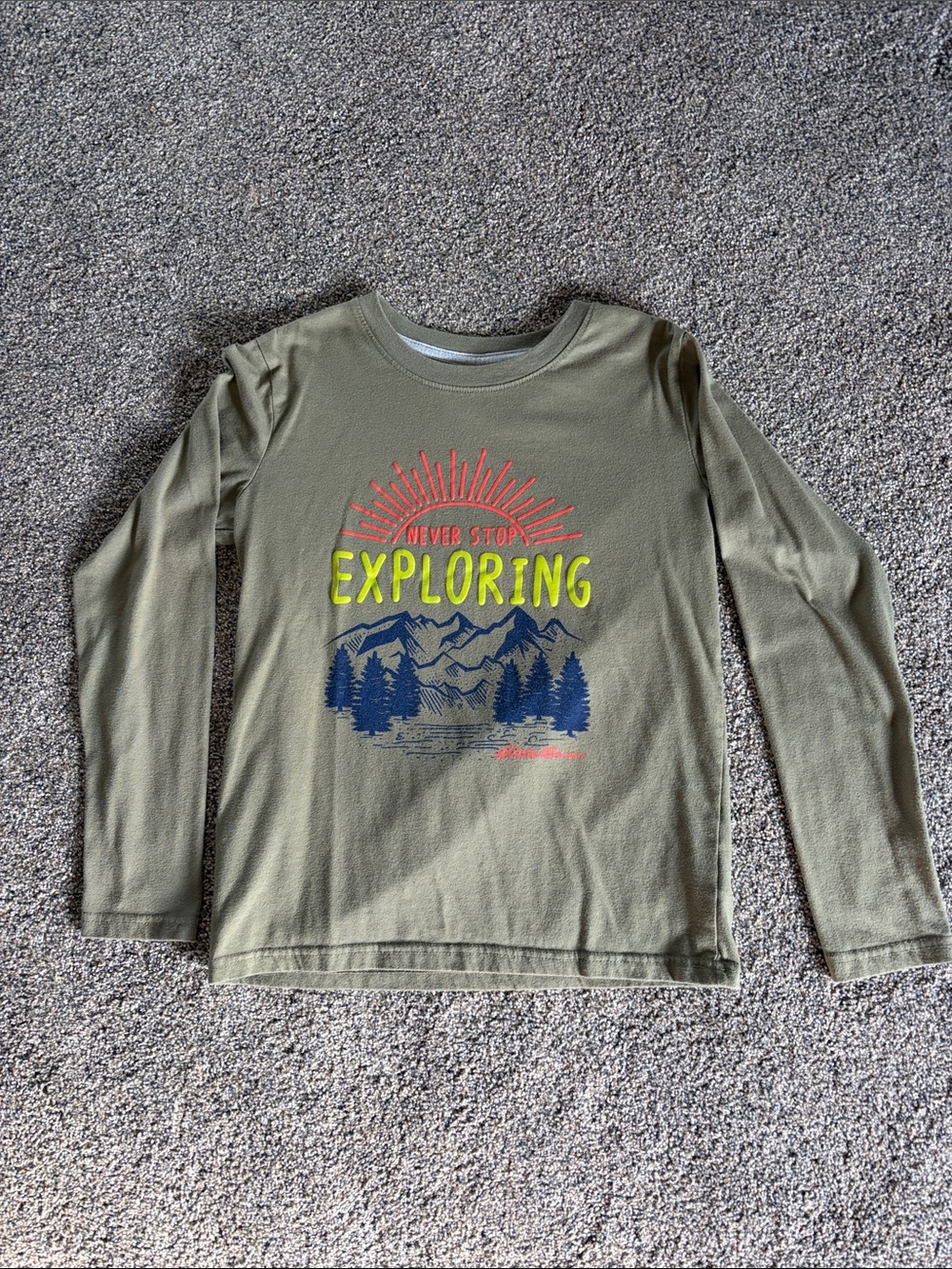 Boys Eddie Bauer Olive Green 'Never Stop Exploring' Long Sleeve Shirt M 10/12